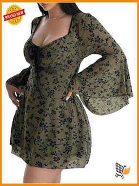 Women's Plus Size Floral Gothic Dress Flare Long Sleeve Mesh Grunge A Line Dress